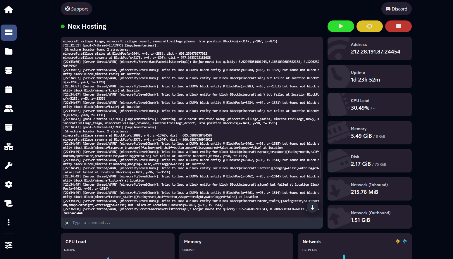 Panel de control de Nex Hosting
